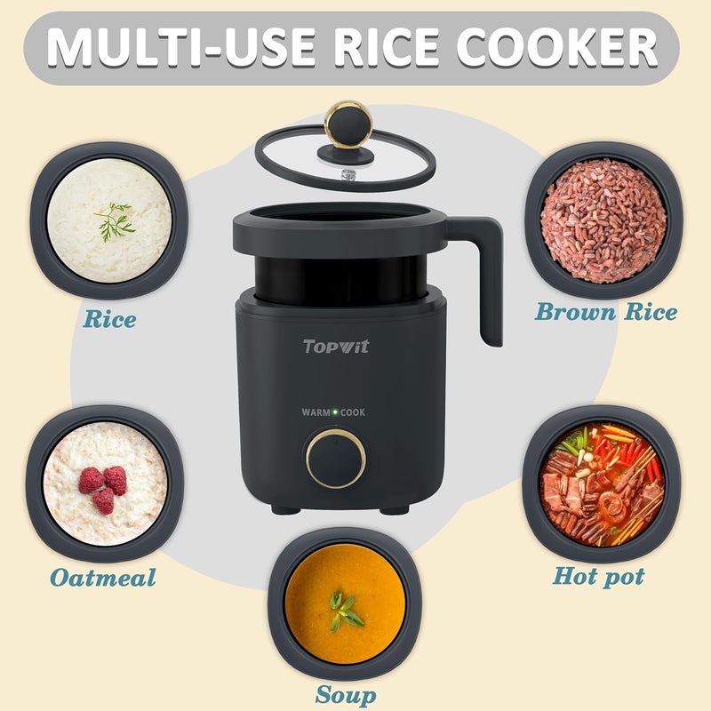 TopWit Rice Cooker Small, Mini Rice Cooker 2 Cups Uncooked, 1.2L Portable Rice Maker with Non-stick Coating, BPA Free, One Touch & Keep Warm Function, Grey - Image 4